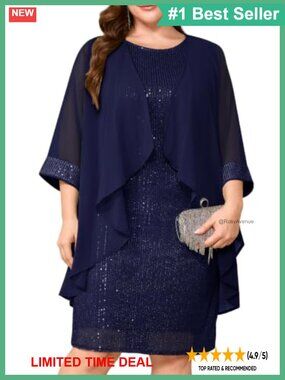 Plus Size 2 Piece Sequin Midi Dress with Chiffon Jacket Formal Wedding Guest